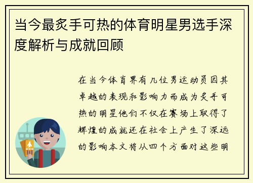 当今最炙手可热的体育明星男选手深度解析与成就回顾